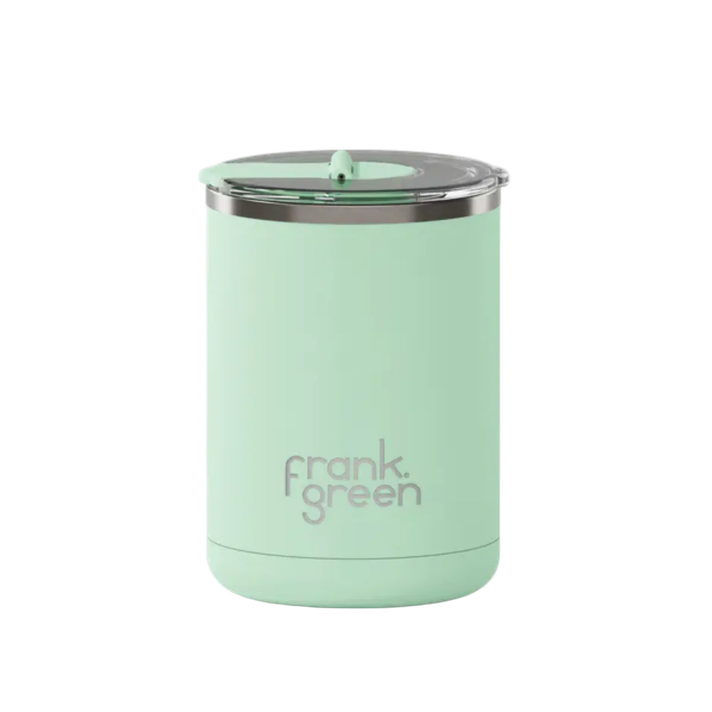 Mint green reusable cup with silver lid on a white background