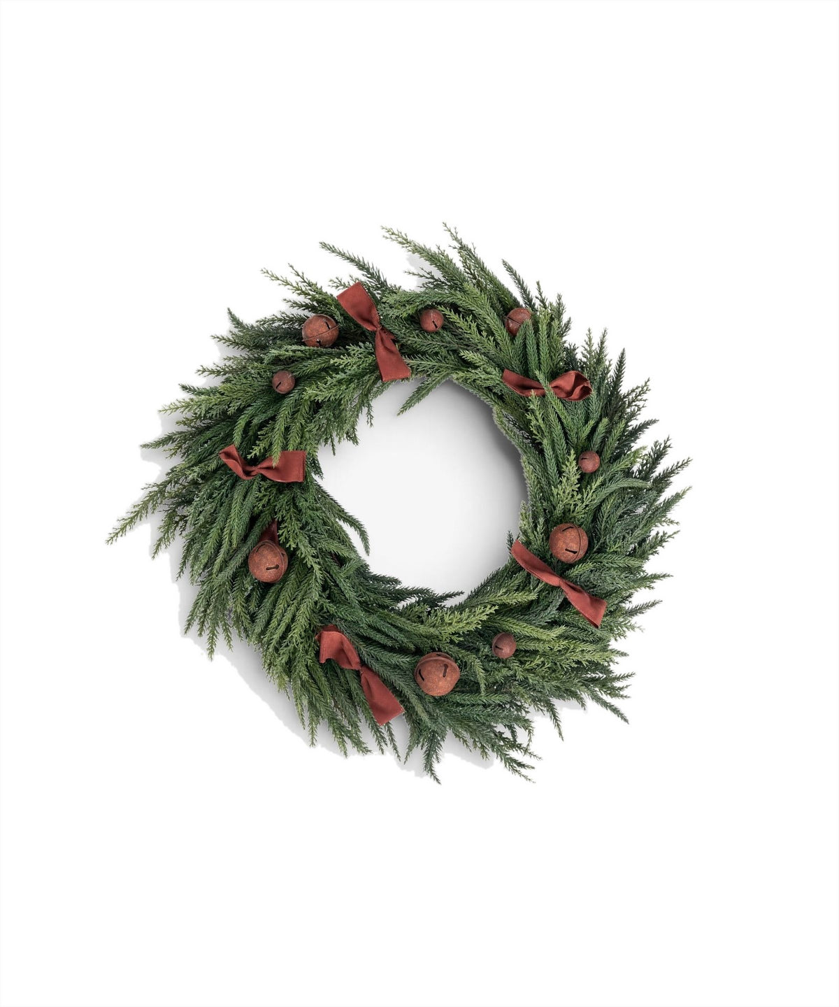 French Country Mixed Pine Wreath with Brown Velvet Bows & Bells