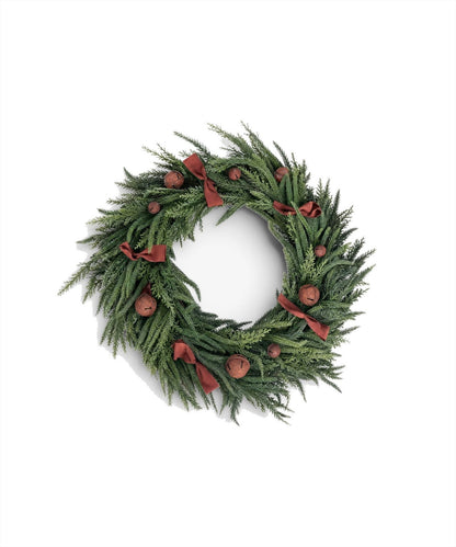 French Country Mixed Pine Wreath with Brown Velvet Bows & Bells