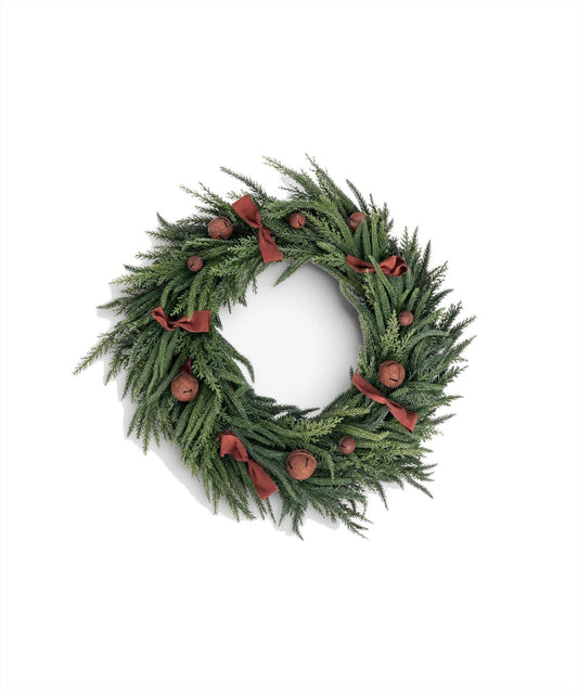 French Country Mixed Pine Wreath with Brown Velvet Bows & Bells