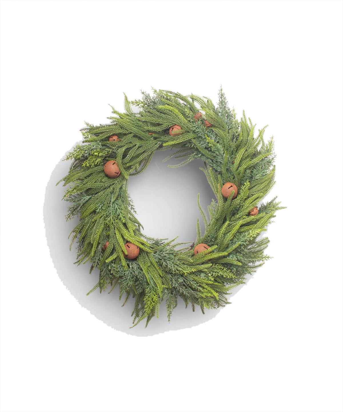 French Country Mixed Pine Wreath with Brown Velvet Bows & Bells