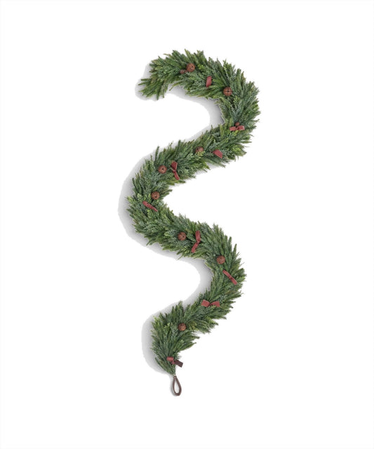 French Country Mixed Pine Garland with Brown Velvet Bows & Bells