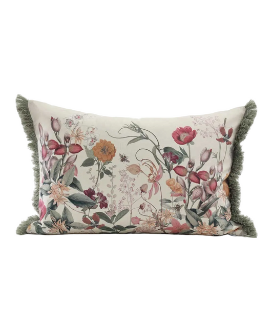Decorative pillow with floral and bird pattern on a white background