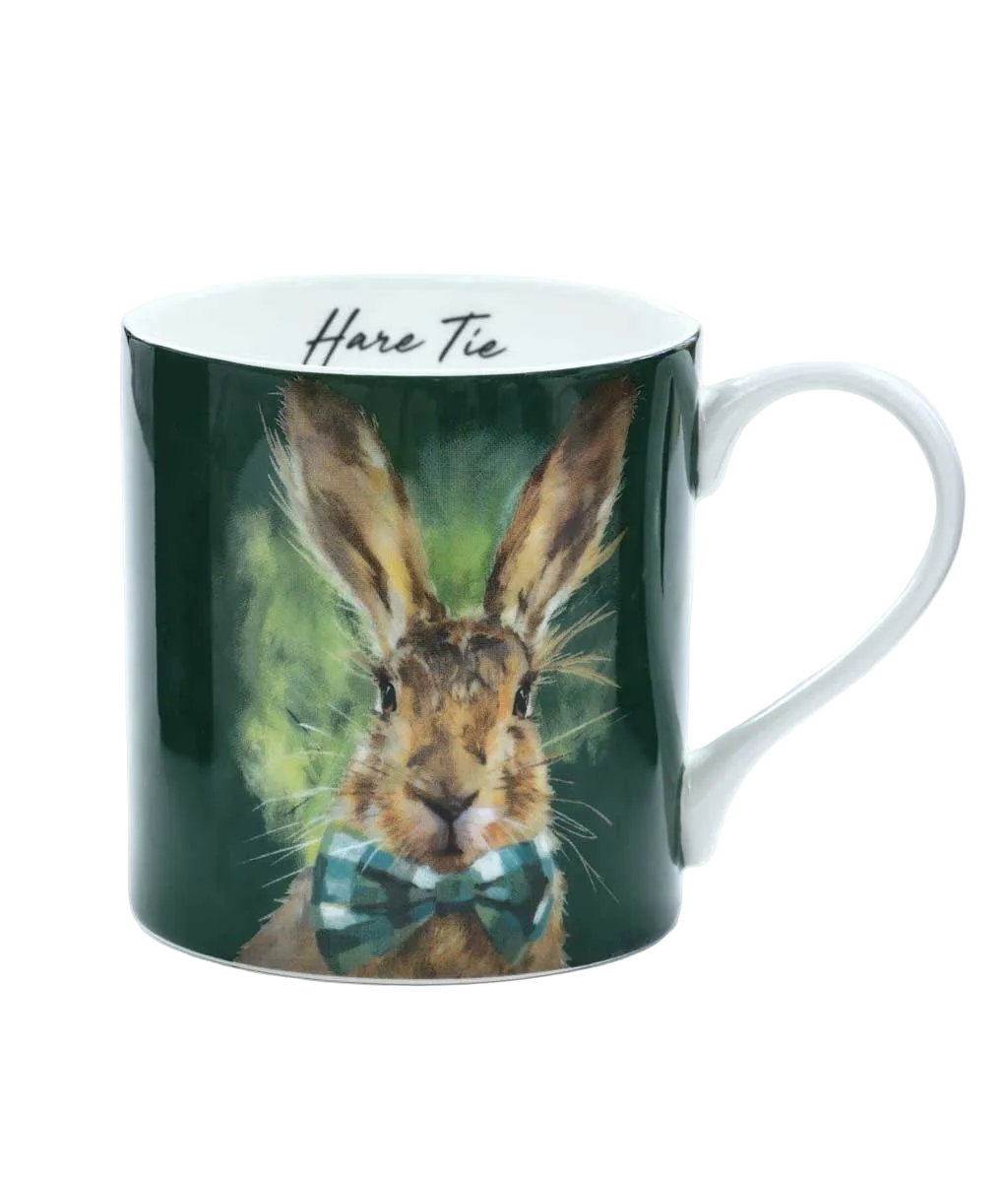 Mug with a rabbit design and 'Hare Tie' text on a white background