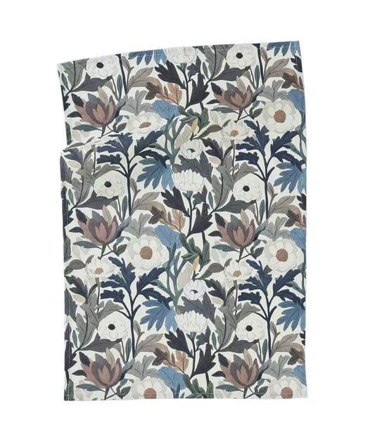 Floral patterned fabric on a light blue background