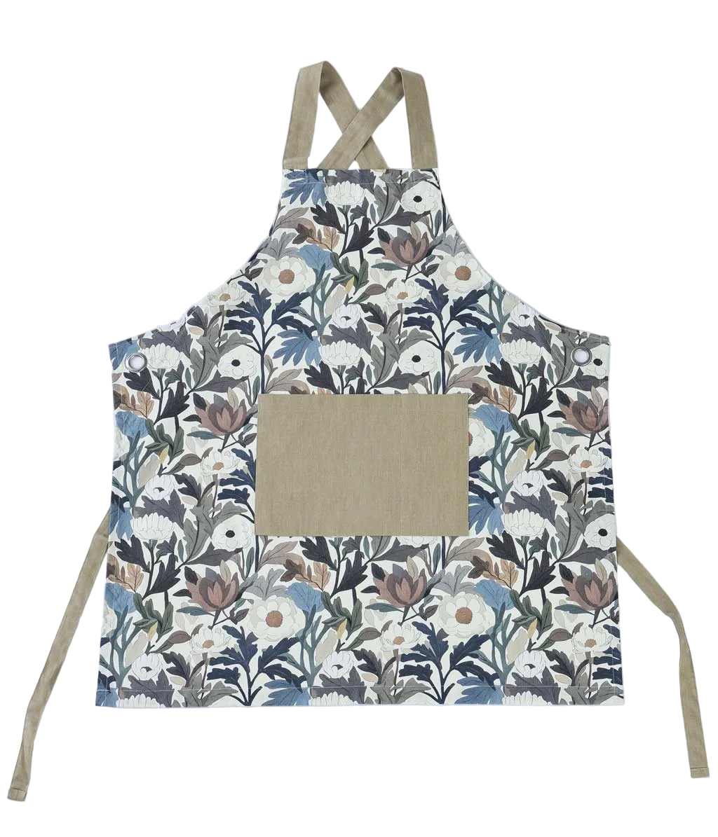 Floral patterned apron with a beige pocket on a white background