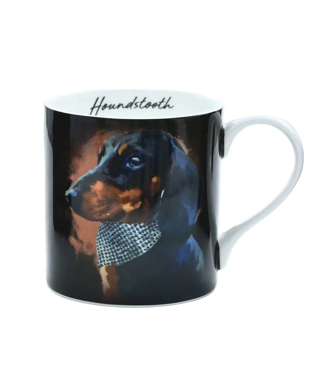 Mug with a dachshund design and 'Houndtooth' text on a white background