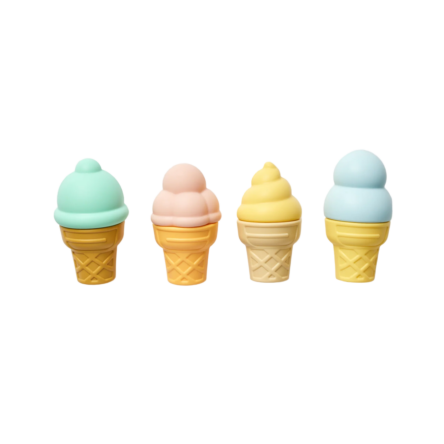 Four ice cream cone-shaped objects in pastel colors on a light background