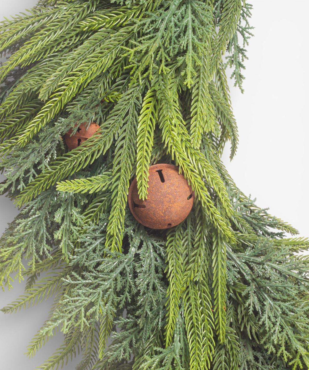 French Country Mixed Pine Wreath with Brown Velvet Bows & Bells