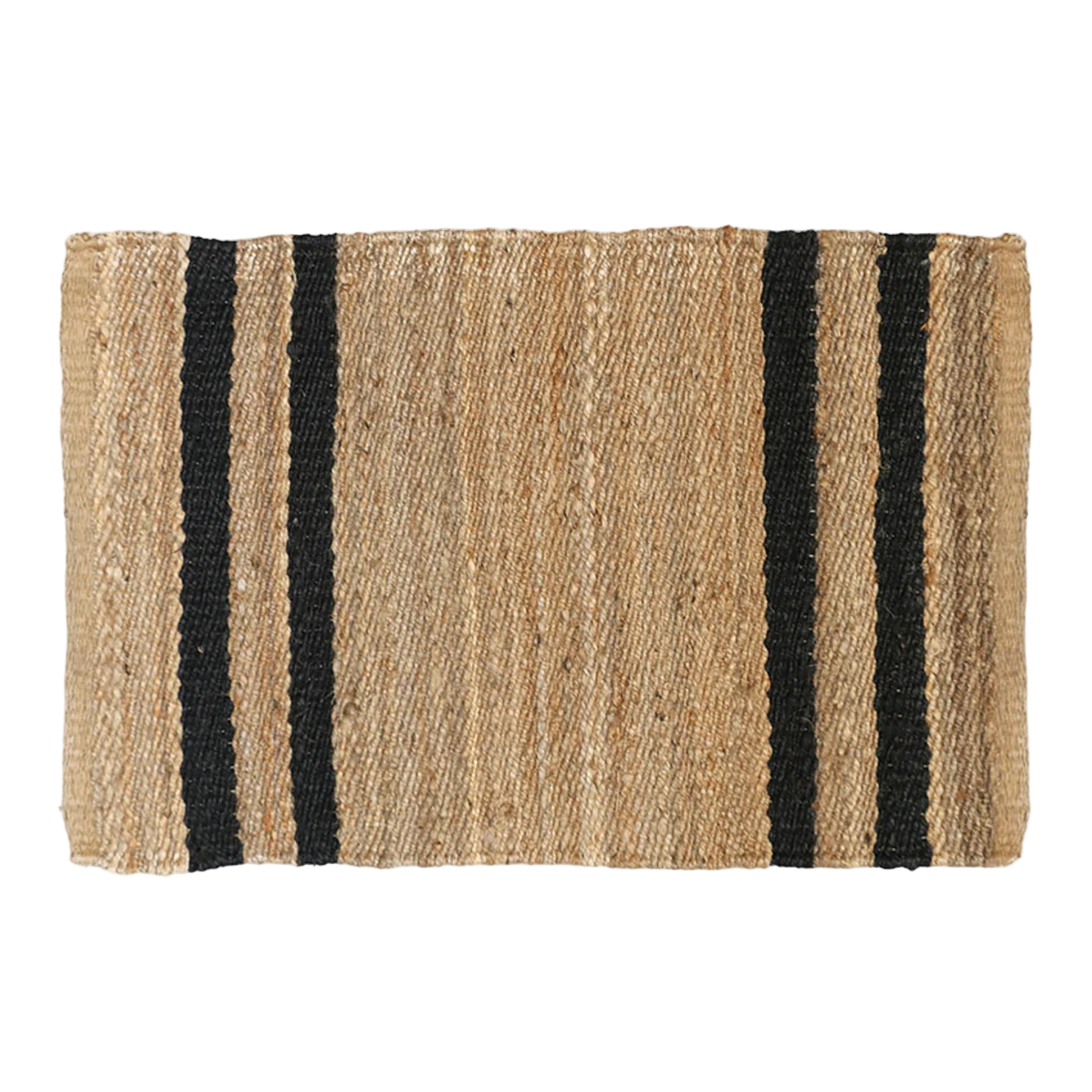 Doormat with natural jute texture and black stripes on a white background
