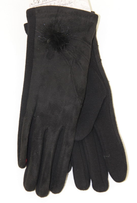 Half Seude Pompom Gloves - Black