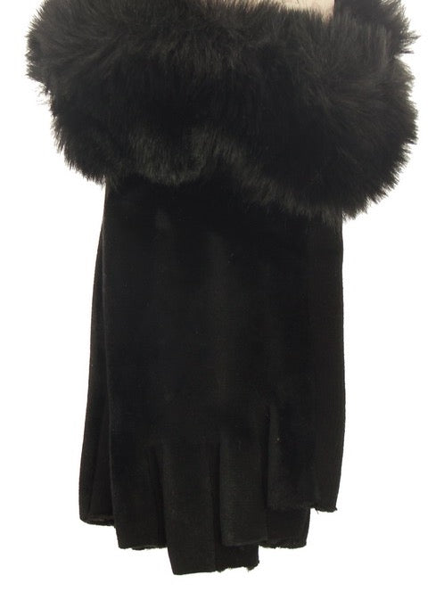 Fingerless Velvet & Faux Fur Gloves - Black