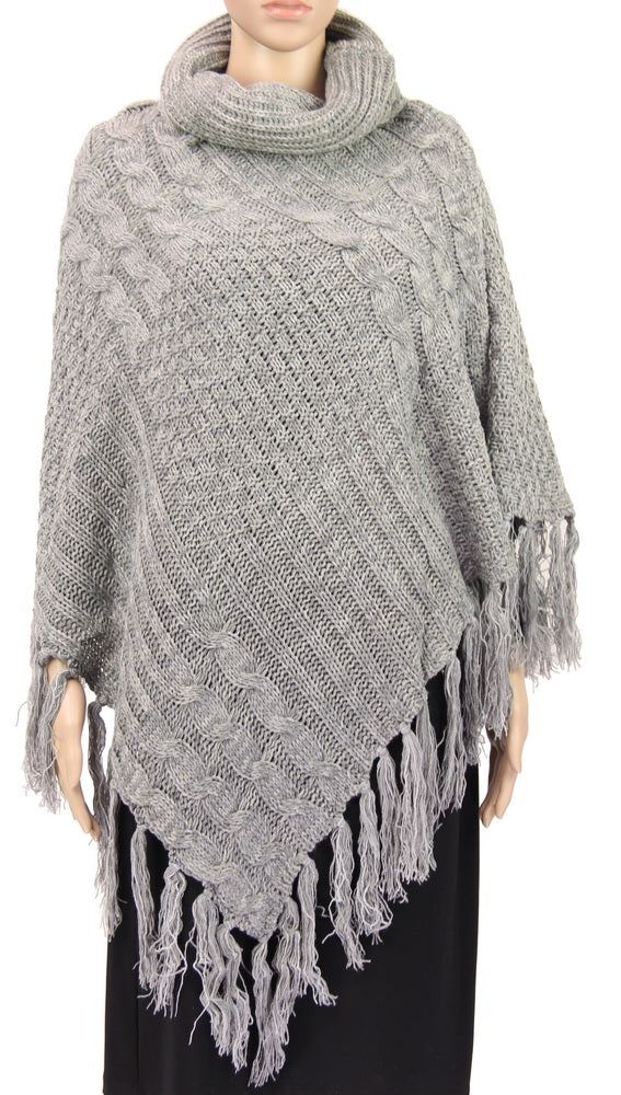 Cable Knit Tassel Poncho
