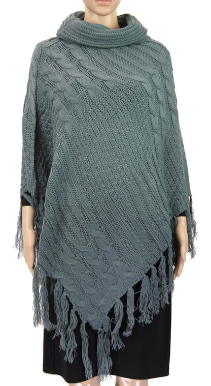 Cable Knit Tassel Poncho